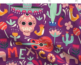 Mexican Pride Purple Fabric - Mexican Fiesta By Melarmstrong - Folk Art Style Cinco De Mayo Cotton Fabric By The Yard With Spoonflower