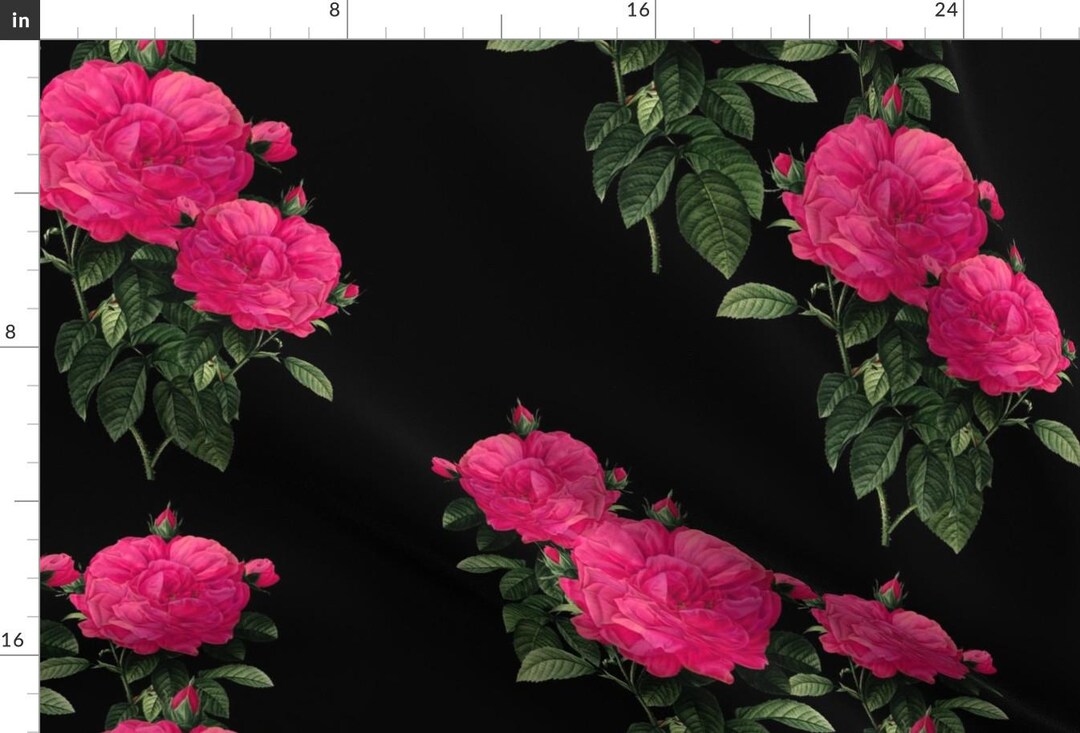 Pink Roses Fabic Pink Roses Fabric - Redoute Rose Hot Pink on Black by ...