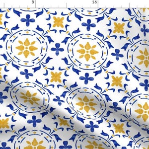 May include: A seamless pattern featuring a repeating design of blue and gold stylized flowers and geometric shapes on a white background. The pattern is reminiscent of traditional Portuguese tiles.
