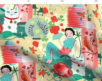 Lantern Floral Fabric - Asian Holiday Lantern Vintage Kitsch Love By Miraparadies - Lantern Cotton Fabric By The Yard With Spoonflower