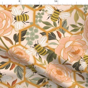 Honeycomb Trellis Fabric - Teamwork Of Bees by garabateo - Botanical Floral Peonies Roses Honeybees Garden Fabric by the Yard by Spoonflower