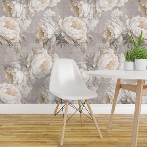 Neutral Floral Peel and Stick Wallpaper - Classic Flowers Shabby Chic - Removable Wall Decor Art - Large Beige Peonies by digitalarsiart