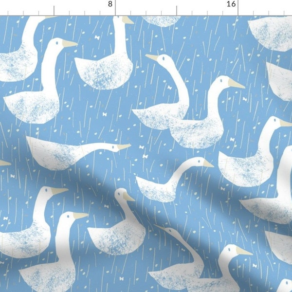 Geese Fabric - Gaggle On The Go M+M Sky Horizontal By Friztin By Friztin - Blue White Pond Birds Cotton Fabric by the Yard With Spoonflower