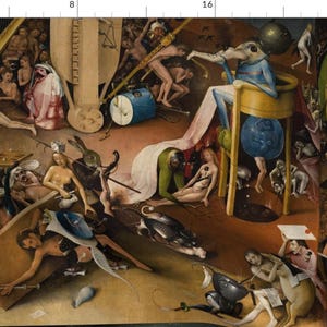 May include: A detailed painting depicting a chaotic scene with numerous figures, some nude, others clothed, in a variety of poses. The figures are surrounded by musical instruments, including a large lute, a harp, and a drum. The painting is set against a dark background and features a variety of colours, including browns, reds, and blues.