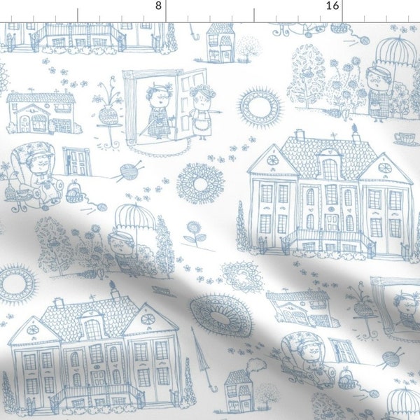 English Lady Detective Toile Fabric - Crime Murder Mystery Novel Blue White By Laurawrightstudio -Cotton Fabric By The Yard With Spoonflower