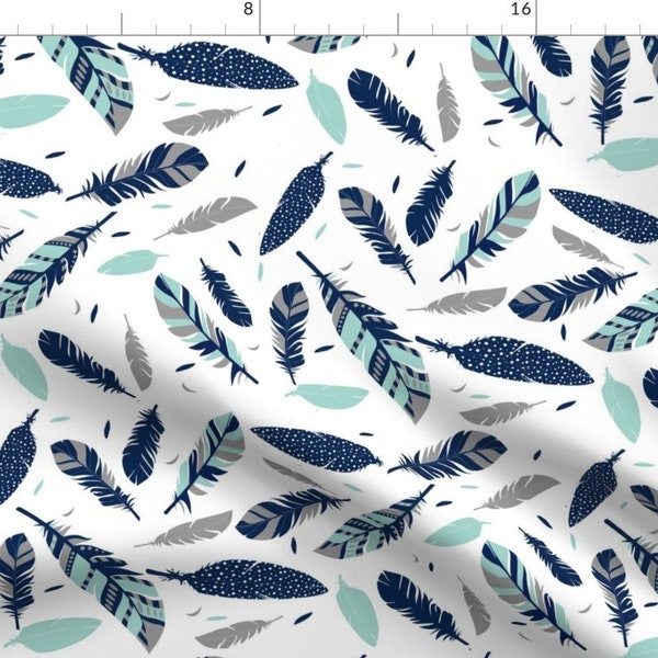 Feathers Blue Fabric - Mint Navy Grey Feathers By Sewluvin - Feathers Blue Boho Bird Feather Cotton Fabric By The Yard With Spoonflower