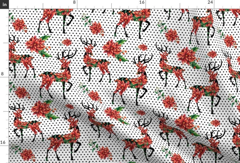Woodland Christmas Deer Fabric Winter Red Polka Dots By Etsy