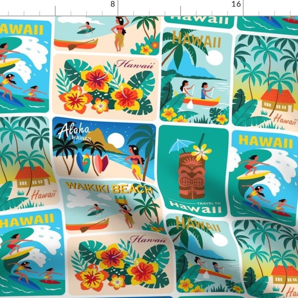 Hawaii Vacation Postcard Fabric - Hawaii Holiday Postcards By Heleen Vd Thillart - Hawaii Cotton Fabric By The Yard With Spoonflower