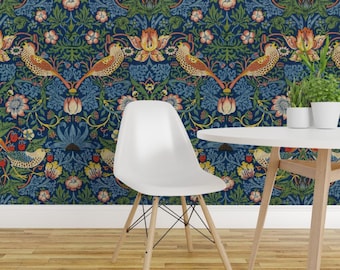 William Morris Peel and Stick Wallpaper - Victorian Art Nouveau - Removable Wall Decor Art - Strawberry Thief  by peacoquettedesigns