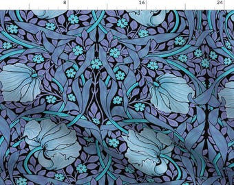 May include: A seamless pattern featuring a repeating design of stylized blue flowers and leaves on a black background. The flowers are a light blue color and have a watercolor effect. The leaves are a darker blue color and have a more defined outline. The pattern is reminiscent of Art Nouveau style.