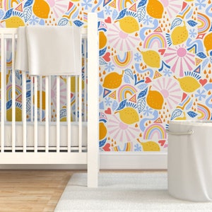 Bright Lemons Wallpaper - Fun Lemons by vivdesign - Colourful Citrus Whimsical Sun Rainbow Removable Peel and Stick Wallpaper by Spoonflower