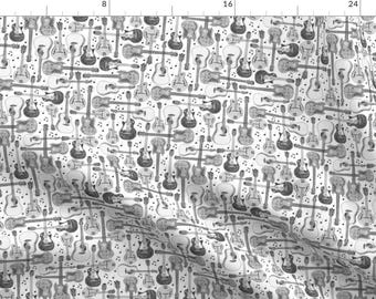 Pointillism Guitars Fabric - Guitars By Mandakay - Pointillism Guitars Black White Retro Cotton Fabric By The Yard With Spoonflower