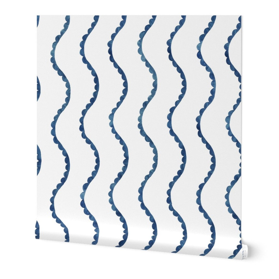 Nautical Stripe Wallpaper Watercolor Waves Navy by Etsy