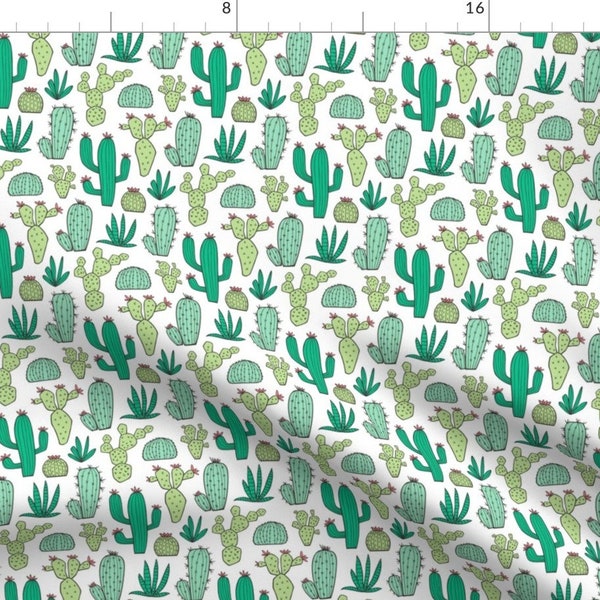 Cactus Fabric - Cactus On White Smaller By Caja Design - Cactus Desert Plants Succulents Green Cotton Fabric By The Yard With Spoonflower