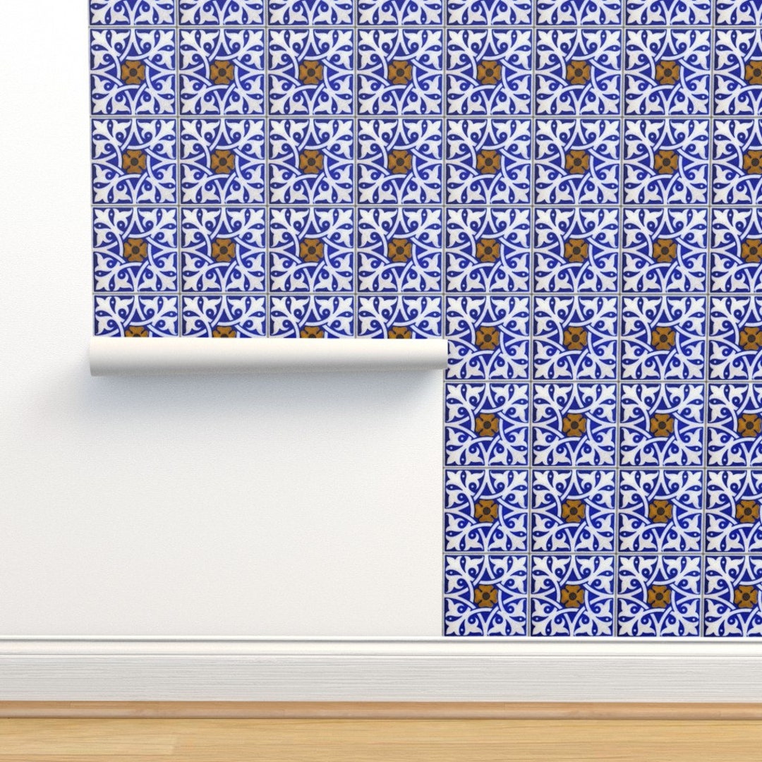 Tile Wallpaper Blue and White Tile by Peacoquettedesigns - Etsy