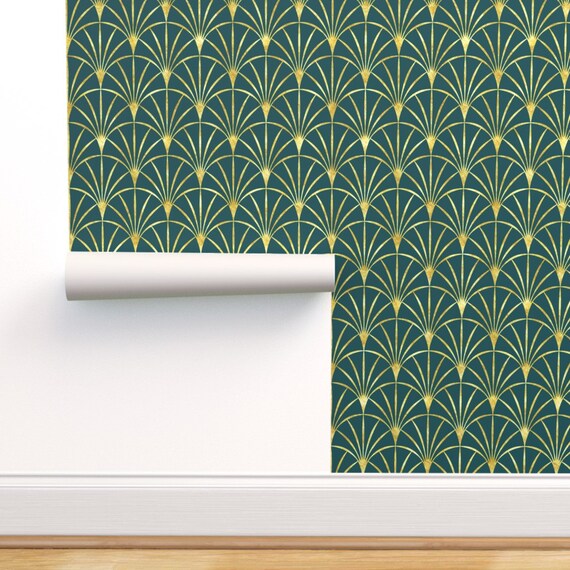 Art Deco Wallpaper Art Deco Emerald Green Thin Gold Fans by Etsy