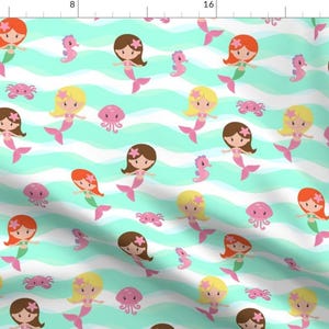 Mermaid Fabric - Mermaids By My Taylor Made - Girls Ocean Mermaid Fairytale Fantasy Tail Blue Cotton Fabric By The Yard With Spoonflower