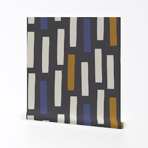 Geo Marker Wallpaper-Block Mustard Indigo Ivory By Juliaschumacher- Mod Custom Printed Removable Self Adhesive Wallpaper Roll by Spoonflower