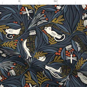 Cozy Reading Fabric - Wind In The Willows By Amy Maccready - Navy Blue White Gold Animals Florals Cotton Fabric By The Yard With Spoonflower