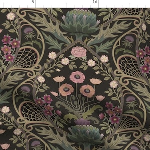 Peut inclure: Un motif floral noir et vert avec un motif répété d'artichauts, de fleurs et de feuilles. Le motif est complexe et détaillé, avec une esthétique vintage.