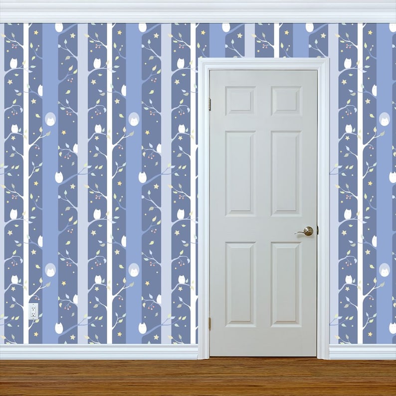 By Elena Naylor Owls Wallpaper Owl Forest Night Gender Neutral Custom Printed Removable Self Adhesive Wallpaper Roll by Spoonflower