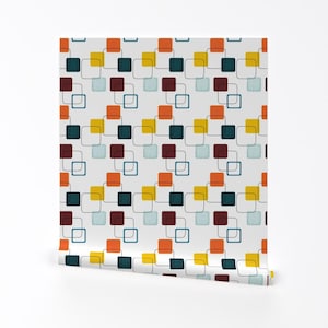 Retro Wallpaper - Fab Geo Squares By Faedesign - Vintage Style 70s White Orange Blue Removable Self Adhesive Wallpaper Roll by Spoonflower