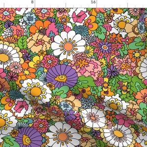 Psychedelic Floral Fabric - Flower Happiness by bycornelia - Bright Retro 1960s Flower Power Hippie Fabric by the Yard by Spoonflower