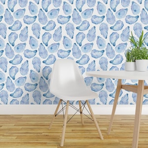 Ocean Peel and Stick Wallpaper - Watercolor Blue Nautical Mussel Shells Coastal - Removable Wall Decor Art - Watercolor Mussels by gertandco