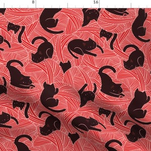 Black Cat Fabric - Cats On Balls By Boadala - Red Black White Abstract Swirls Cute Feline Kitten Cotton Fabric By The Yard With Spoonflower