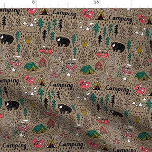 Woodland Camping Outdoors Fabric - Happy Maps Brown Bear Camping By Penguinhouse - Traveling Cotton Fabric By The Yard With Spoonflower
