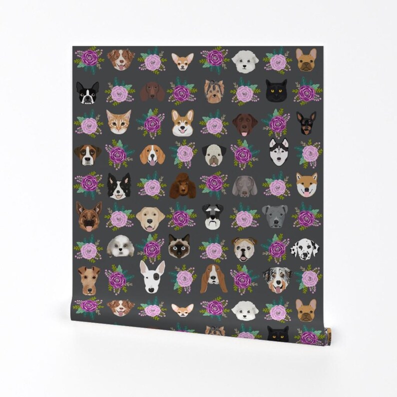 Pets Wallpaper - Dog Cat Floral Pet Lover Purple Gray By Petfriendly - Custom Printed Removable Self Adhesive Wallpaper Roll by Spoonflower image 2