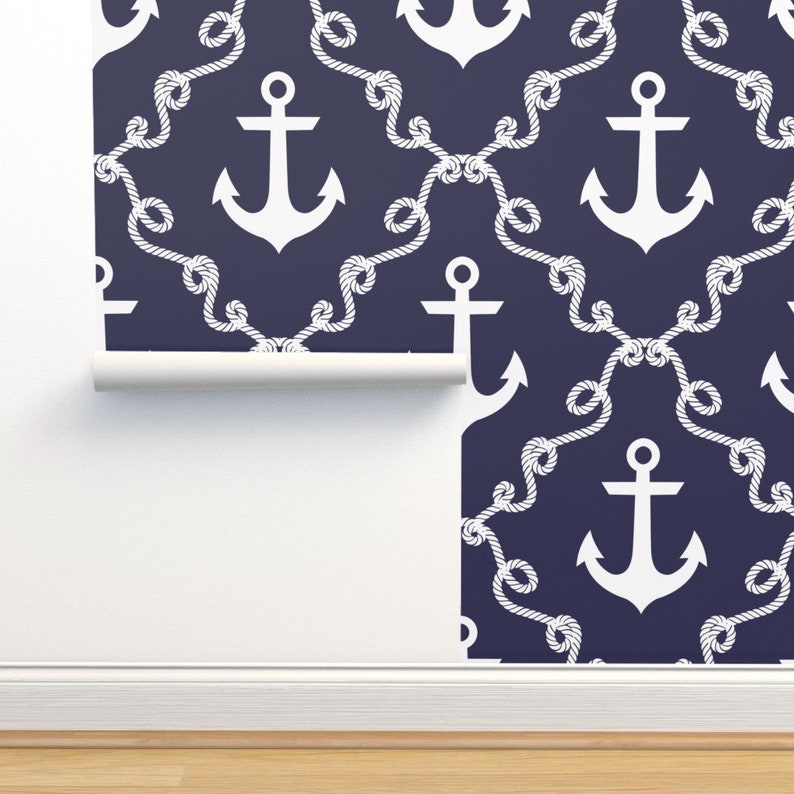 Nautical Anchors Wallpaper Anchor Damask Navy by Mjmstudio - Etsy