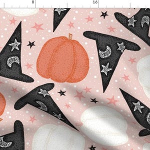 Pink Halloween Fabric - Witchy Pumpkins  by brittanyfrostdesigns - White Pumpkin Large Scale Boho Fabric by the Yard by Spoonflower