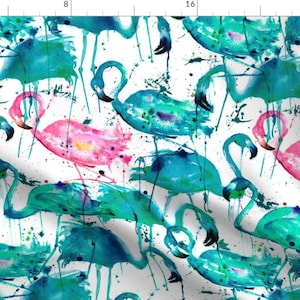 Teal + Pink Flamingos Fabric - Flamingos Making A Splash In Teal! By Karismithdesigns - Flamingo Cotton Fabric By The Yard With Spoonflower