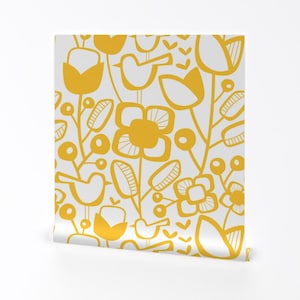 Scandi Wallpaper - Jumbo Scandinavian Garden By Mariana Valladares - Yellow Flowers Removable Self Adhesive Wallpaper Roll by Spoonflower