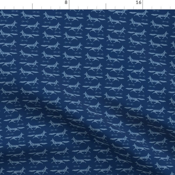 Blue Fox Fabric - Foxes And Bits - Blue Ribbon Blue By Cooper+Craft - Equestrian Hunting Forest Cotton Fabric By The Yard With Spoonflower