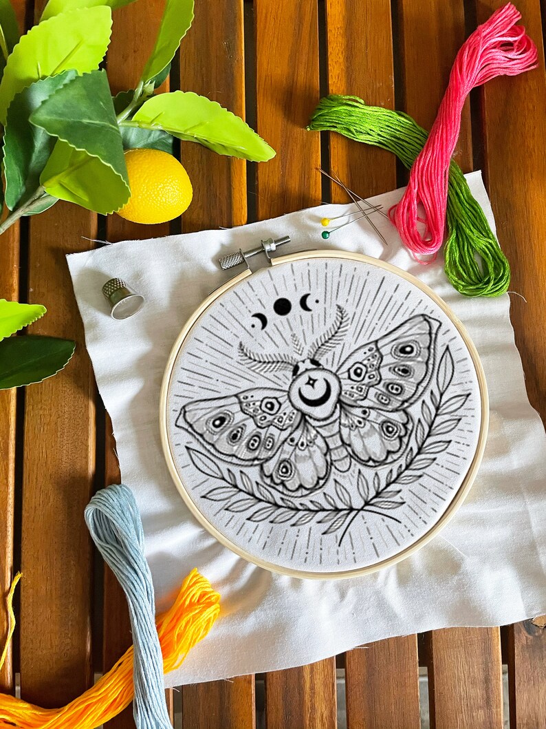 Moth Embroidery Template on Cotton Moon Luna Moth By Moonflora Art Boho Embroidery Pattern for 6 Hoop Custom Printed by Spoonflower image 2