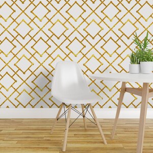 Bamboo Peel and Stick Wallpaper - Trellis Chinoiserie Mustard Gold - Removable Wall Decor Art - Osaka Bamboo Trellis by willowlanetextiles