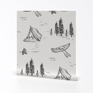 Lake Toile Wallpaper - Lake Life In Black White By Roselindo - Forest Cabin Lodge Home Removable Self Adhesive Wallpaper Roll by Spoonflower