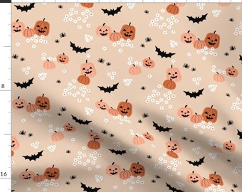 Neutral Halloween Fabric - Pumpkins Bats And Spiders by littlesmilemakers - Vintage Retro Fall Autumn Bats Fabric by the Yard by Spoonflower