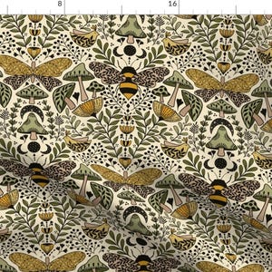 Botanical Fabric - Natural Habitat Of Bees And Moths By Ozdebayer - Beige Yellow Mushrooms Nature Cotton Fabric By The Yard With Spoonflower
