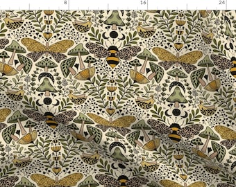 Botanical Fabric - Natural Habitat Of Bees And Moths By Ozdebayer - Beige Yellow Mushrooms Nature Cotton Fabric By The Yard With Spoonflower