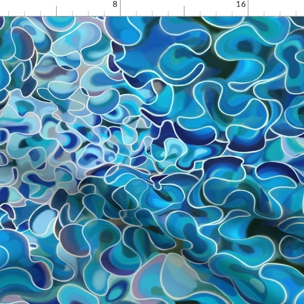 Sea Fabric - Blue Sea Slug By Nina Leth - Blue Ocean Psychedelic Retro Waves Watercolor Coral Cotton Fabric By The Yard With Spoonflower