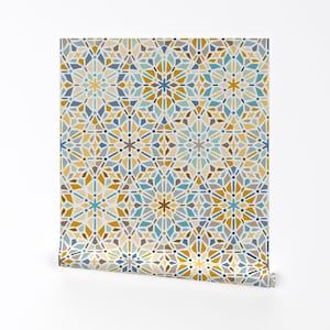 Carta da parati a mosaico - Kaleidoscope di Heleenvanbuul - Rotolo di carta da parati autoadesiva rimovibile con piastrelle marocchine blu e gialle di Spoonflower