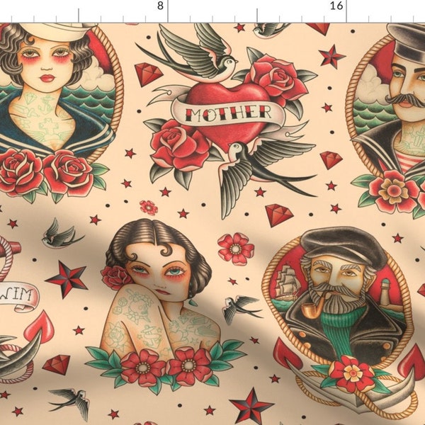 Tattoo Fabric - Old School Tattoo Beige Large By Crixtina - Tattoo Beige Red Blue Vintage Decor Cotton Fabric By The Yard With Spoonflower