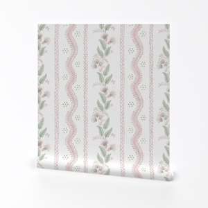 Floral Stripe Removable Peel and Stick Wallpaper -  Cottagecore Botanical Pink - Wall Art Wall Decor - Emma Stripe Pink by danika_herrick