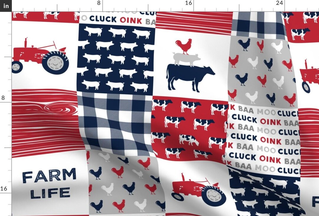 Red Farm Pattern Farm Life Red Quilt Wholecloth - Farm Themed Patchwork Fabric - Cows ...