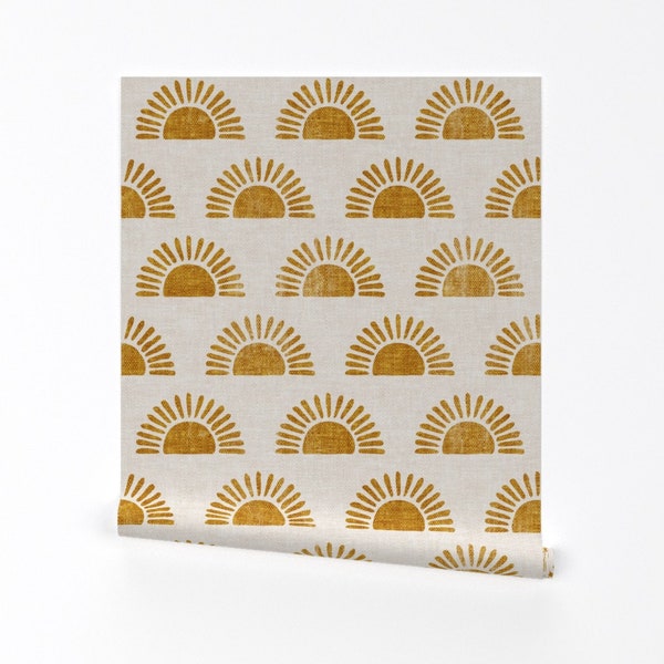 Block Print Sun Wallpaper - Sunshine By Littlearrowdecor - Boho Sunrise Mustard Indie Removable Self Adhesive Wallpaper Roll by Spoonflower