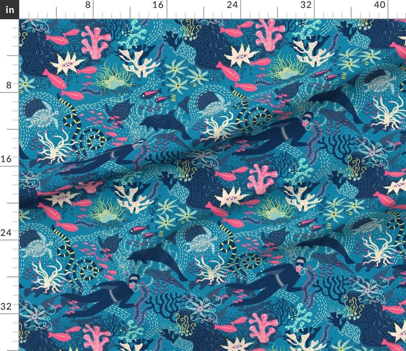 Scuba Divers Coral Reef Sports Fabric Scuba Diving Blue Etsy UK