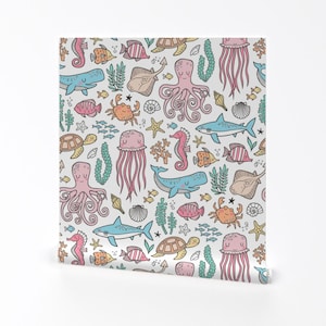 Ocean Wallpaper - Ocean Marine Sea Life Doodle White By Caja Design - Custom Printed Removable Self Adhesive Wallpaper Roll by Spoonflower
